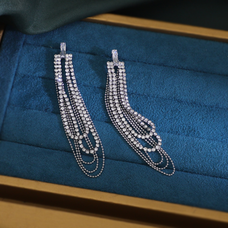 European and American Fashion Long Full Diamond Tassel Drop-Shaped Earrings