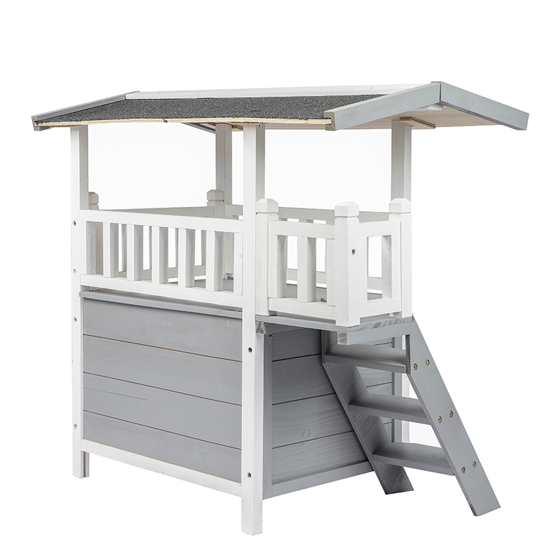 Grey 2 story wooden pet cat house with roof view deck balcony ladder