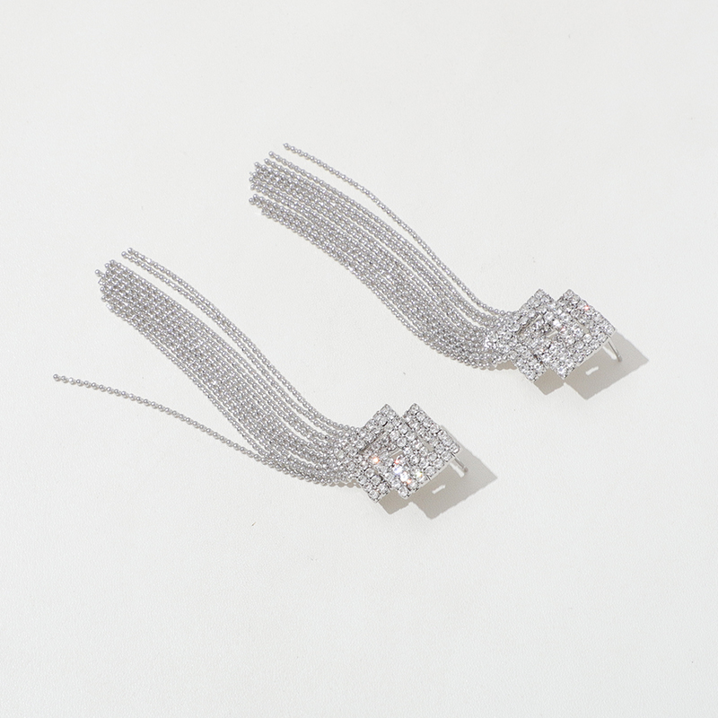 Korean Fashionable Rhombus Tassel Long Earrings