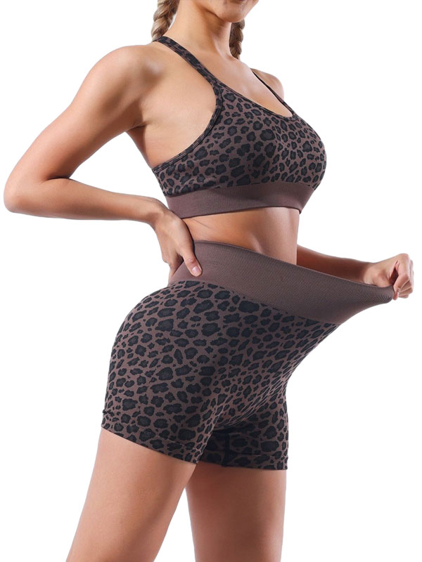 Leopard Print Seamless Top And Shorts Activewear Set FB6989
