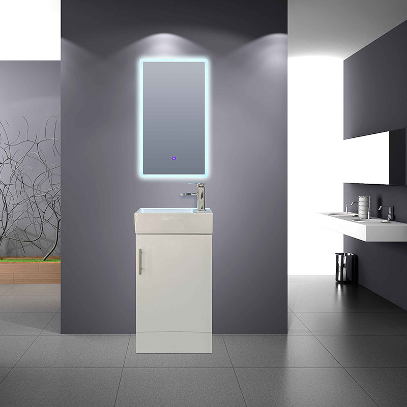 MDF bathroom cabinet with wall mounted 5 mm LED mirror - one door with soft closing hinges