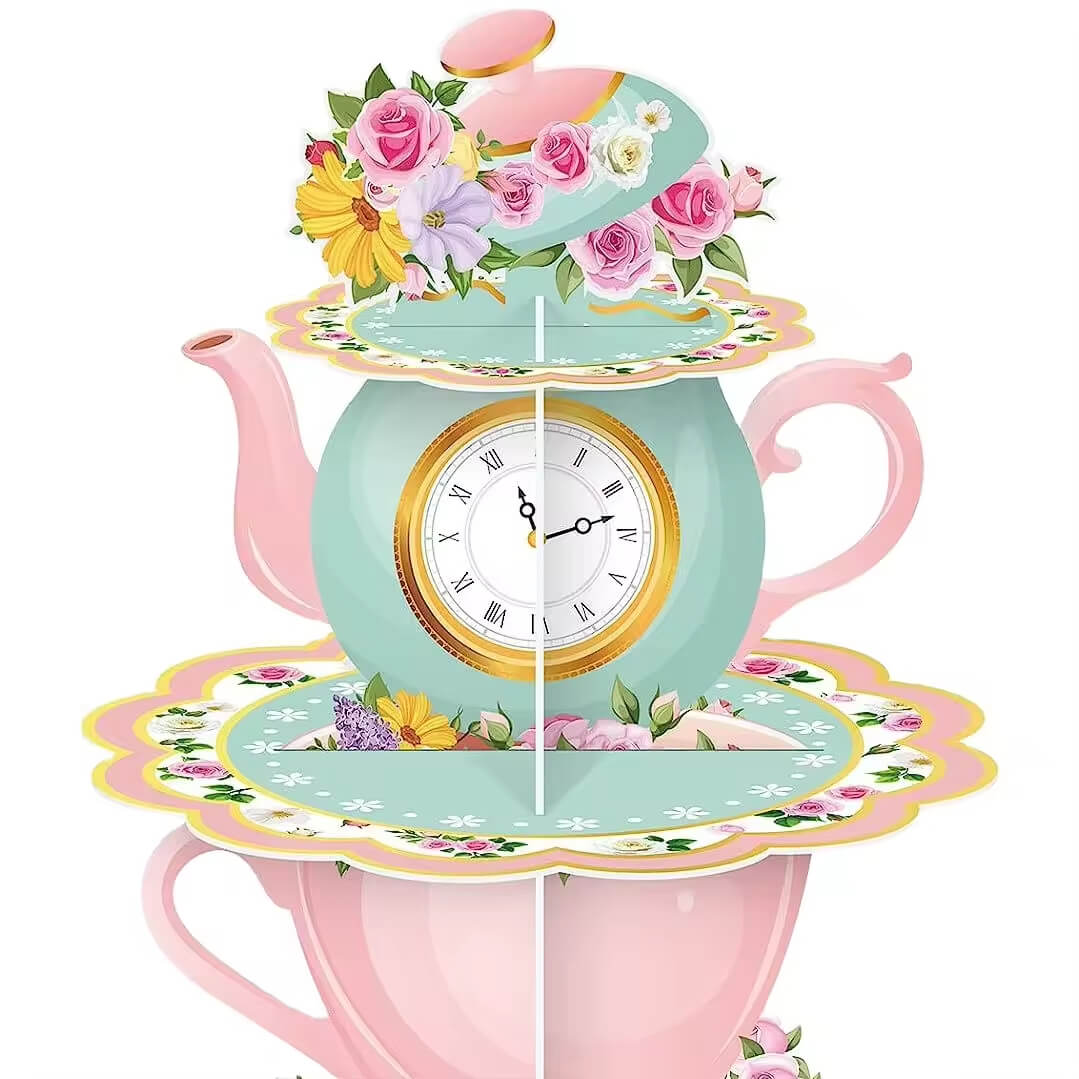 Flower Teapot Clock Cupcake Stand