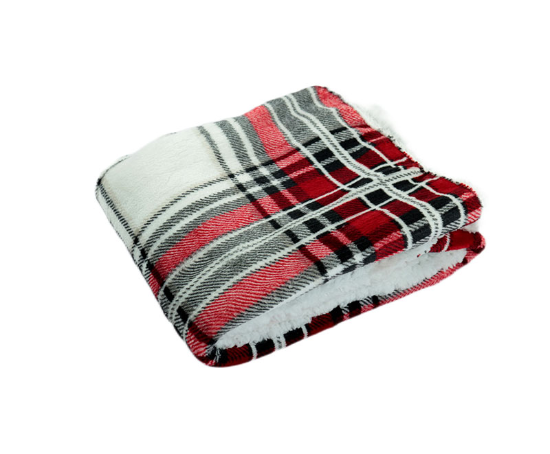 Double-sided fluffy black and red striped printed flannel with sherpa blanket 1040509