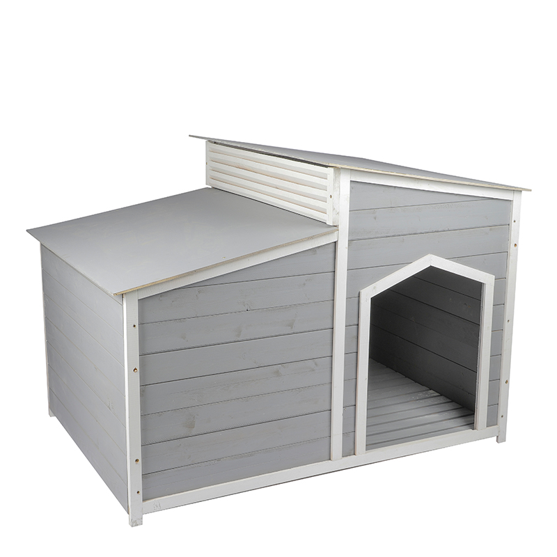 Raised roof timber dog kennel grey white