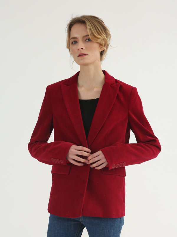 Red Casual Lapel Collar Corduroy Blazer