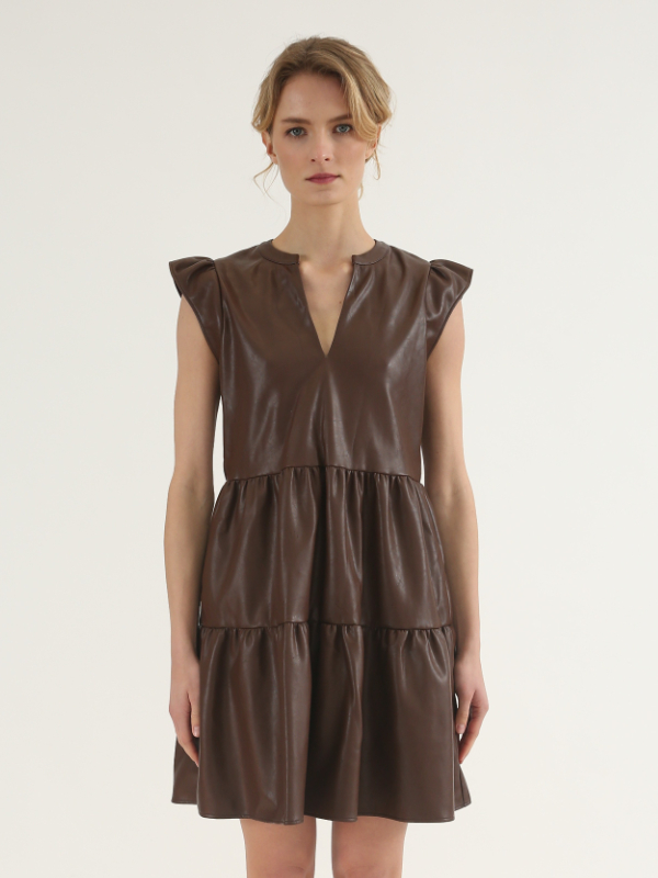 V-neck Fake Leather(PU) Dress