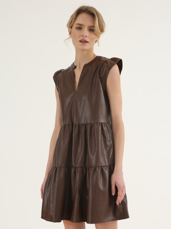 V-neck Fake Leather(PU) Dress