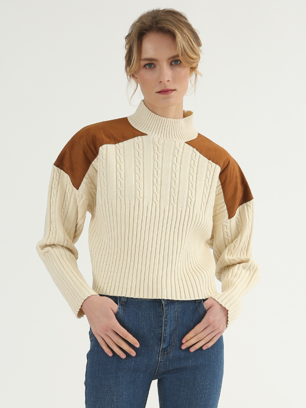 White PU Splicing Sweater