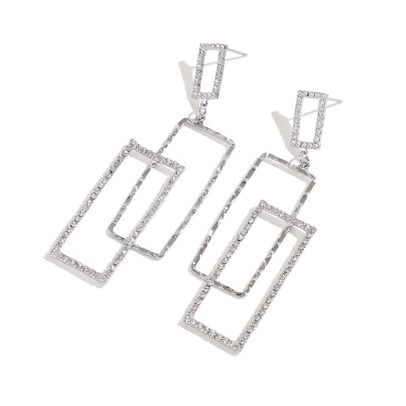 Silver Needle Diamond Earrings | Rectangular Earrings | Temperament Earrings