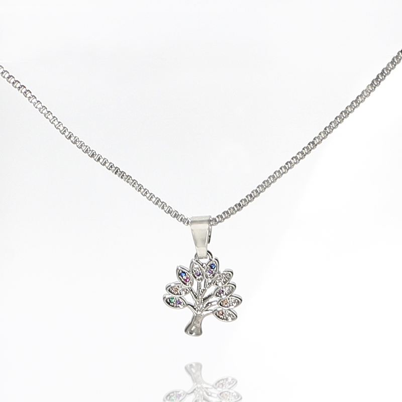 Silver Diamond Family Tree Charm Necklace