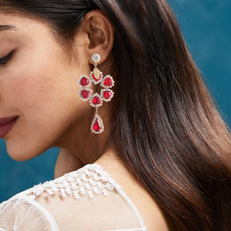 Gold Pendant Diamond Circle Stud Earring Red Heart Glass Exquisite Deco Dangle Flower Drop Earrings for Women Girls
