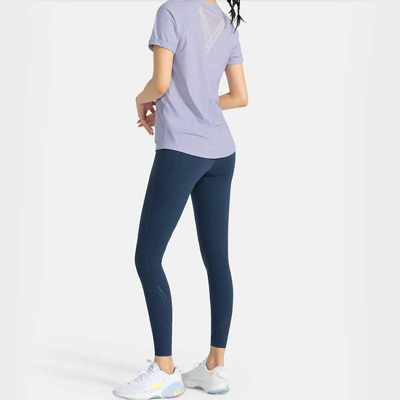 Fashion stretch loose T shirt mesh stitching sports short sleeved fitness yoga top women