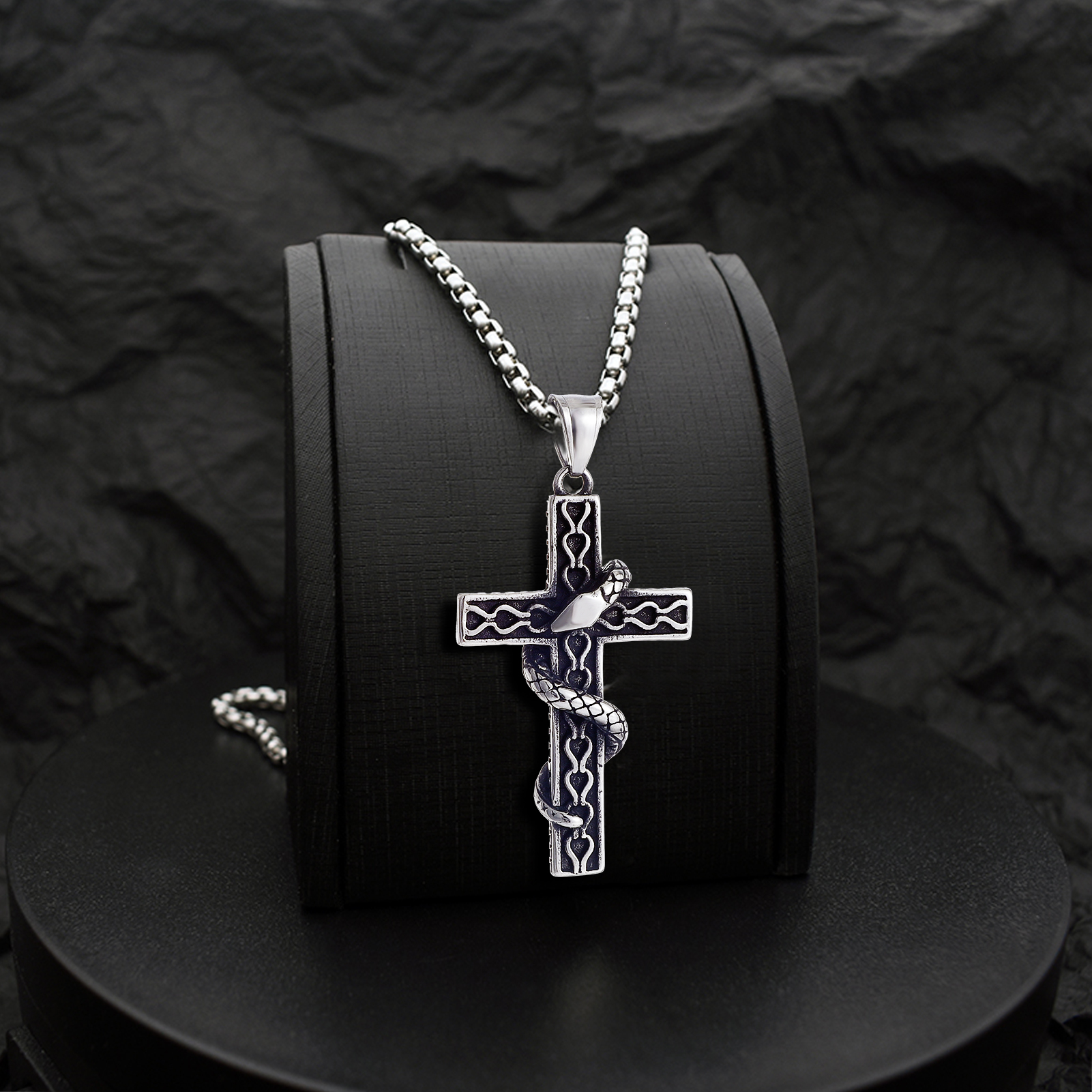 Stainless Steel Snake Cross Pendant Necklace