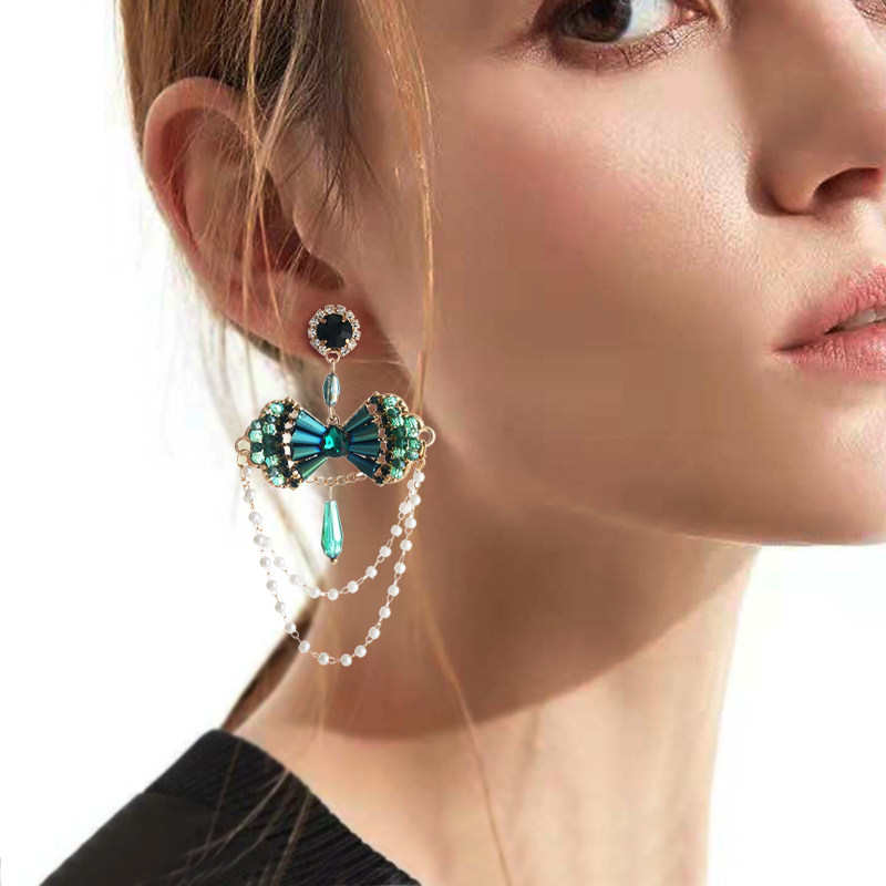 Crystal rice bead tassel chain earrings | tassel chain earrings | chain earrings