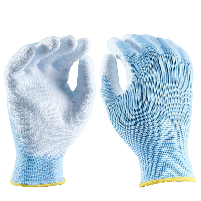 13G polyester glove PU palm coated light blue/white