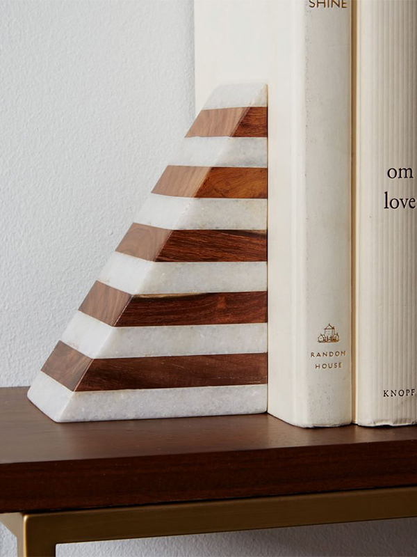 Striped marble and wood bookends