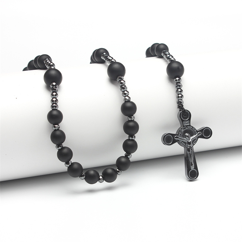 black agate and hematite beads rosary Cross Y necklace