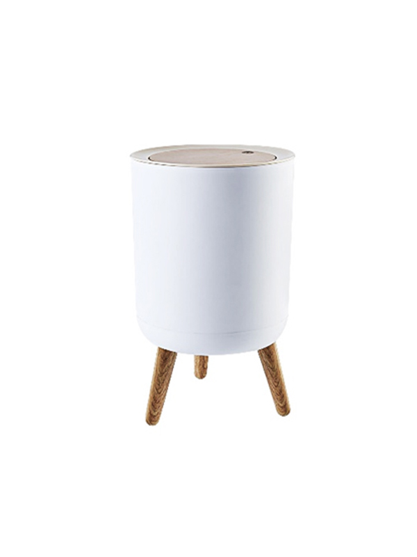 Nordic style high foot 7L white wood trash can garbage bin waste basket with lid press for living room bathroom kitchen