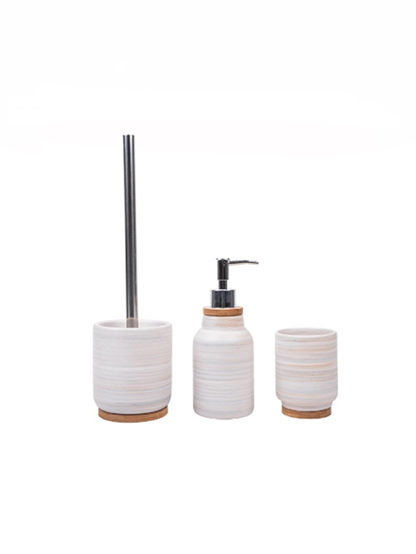 Striped resin bathroom set with toilet brush, glass, soap dish and soap dispenser